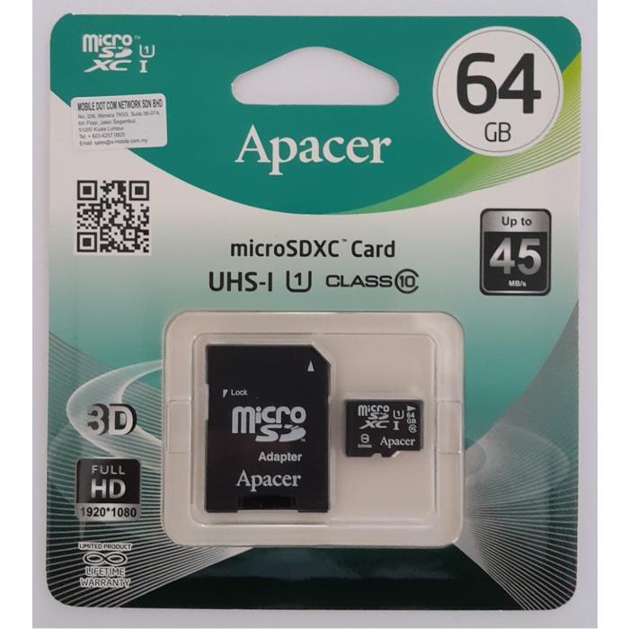 MICRO SD CARD 64GB APACER WITH ADAPTOR CLASS 10 KadRia